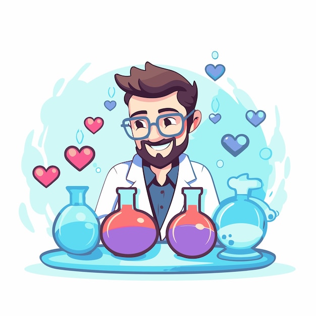 Vector ilustración vectorial de un científico masculino con frascos químicos y corazones