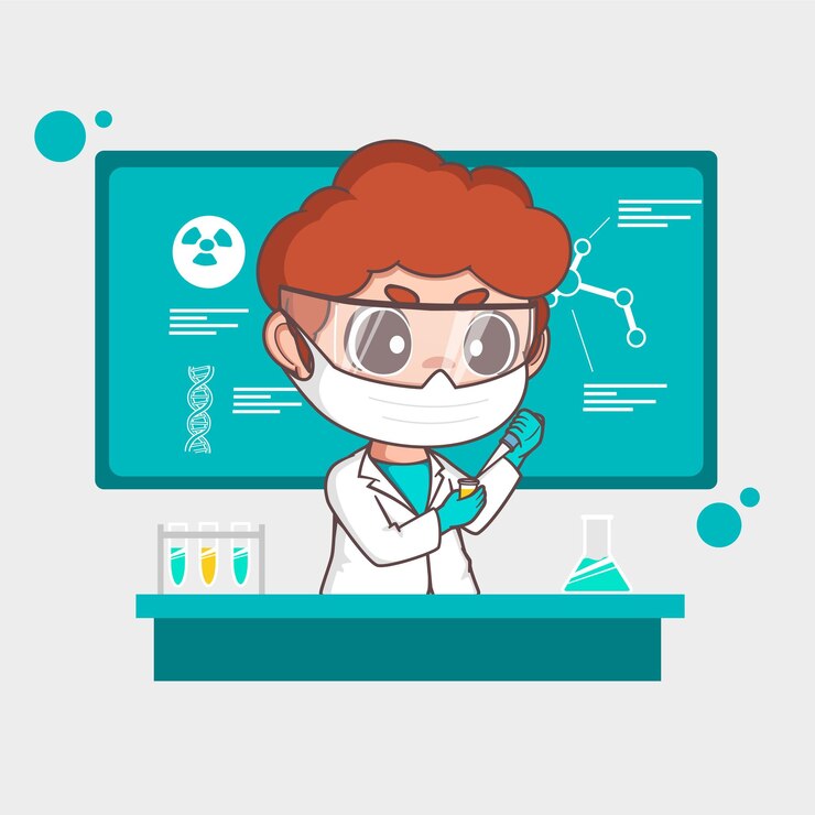 Ilustración vectorial de un científico trabajando con botellas químicas en una sala de laboratorio