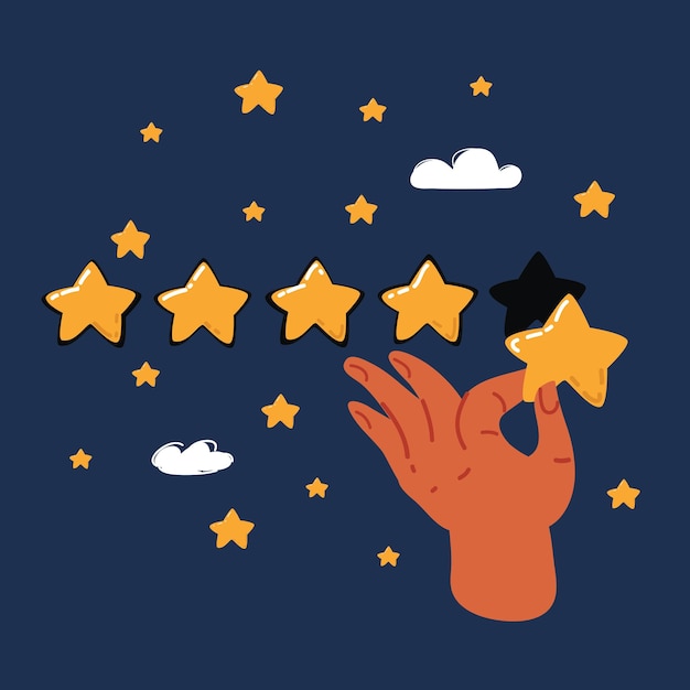 Ilustración vectorial de cinco estrellas doradas sobre un fondo oscuro
