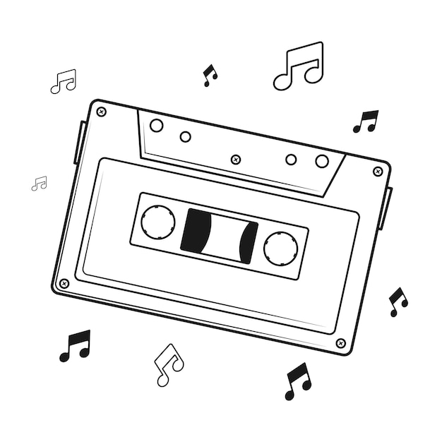 Vector ilustración vectorial cinta de casete grabadora de música de los 90 arte de línea de cinta de casete con icono de tono