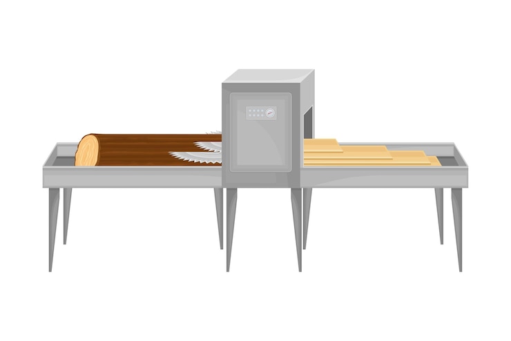 Vector ilustración vectorial de la cinta transportadora con proceso de aserrado de troncos para la producción de muebles de madera