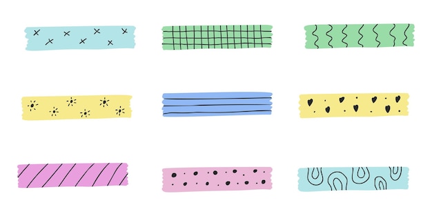 Ilustración vectorial de cintas Washi Diferentes colores y patrones Rayas escocesas dibujadas a mano