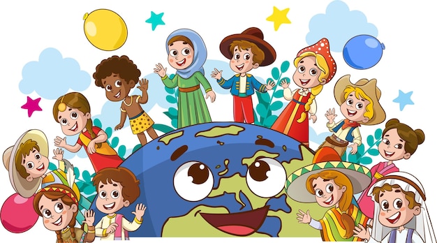 ilustración vectorial del círculo de niños felices de diferentes razas, niños multiculturales y el mundo