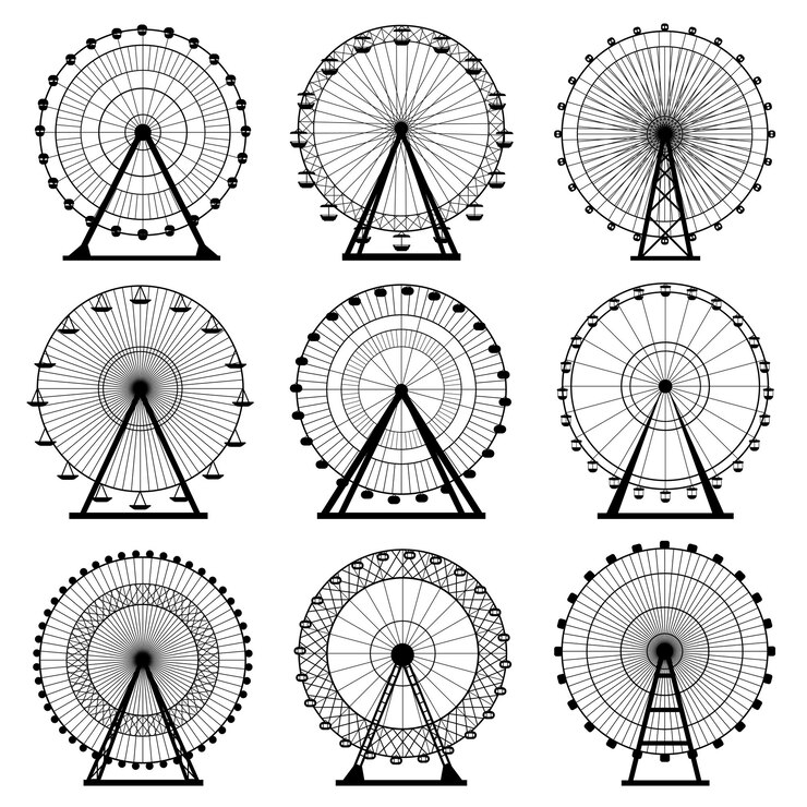 Ilustración vectorial de círculo de silueta de la rueda de la fortuna feria de carnaval fondo movimiento de carrusel