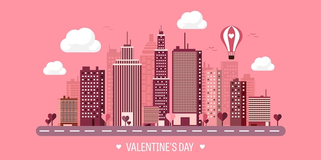 Vector ilustración vectorial ciudad con corazones amor día de san valentín febrero paisaje urbano ciudad