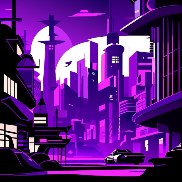 Vector ilustración vectorial de la ciudad cyberpunk de la noche púrpura