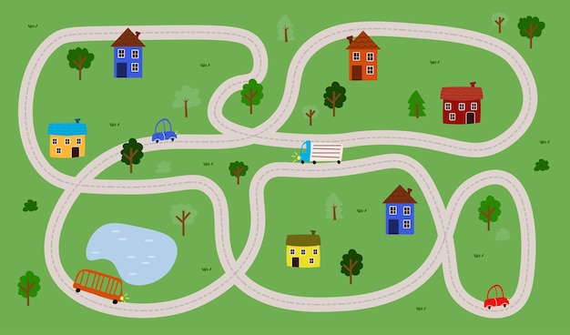 Ilustración vectorial de la ciudad de juegos para niños Casas de dibujos animados con árboles, hierba verde y un lago Caminos para autos con autobuses y autos en movimiento Área acogedora para relajarse Patrón para niños