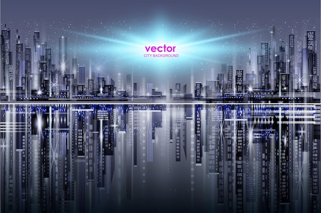 Vector ilustración vectorial de la ciudad nocturna con brillo de neón y colores vívidos