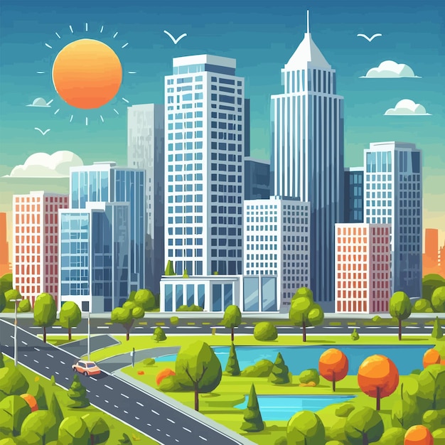 Ilustración vectorial de la ciudad urbana con edificios de oficinas y parques