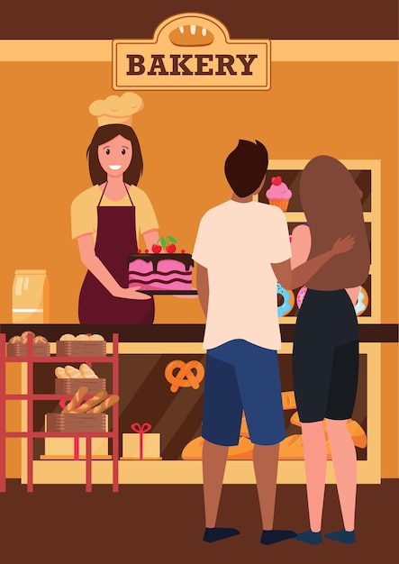 Ilustración vectorial de un cliente comprando pastel de cumpleaños para una pareja