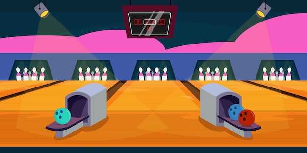 Ilustración vectorial de un club de bolos escena de dibujos animados de un hermoso interior de una pista de bolos un juego de golpear una pelota en un alfiler focos con un haz de luz un marcador con números Ocio