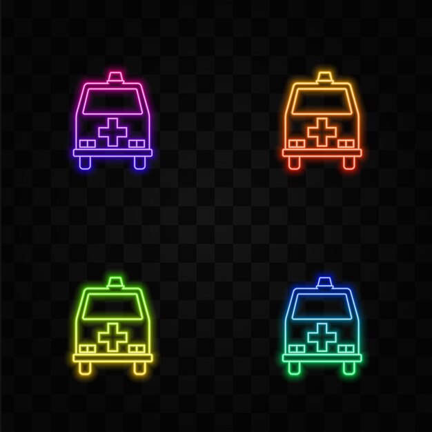 Ilustración vectorial del coche de ambulancia ambulancia de emergencia para el símbolo del icono y el letrero ambulancia estilo neón