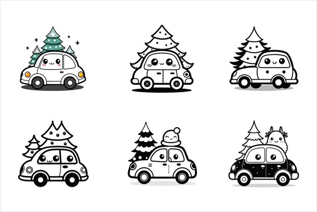 Ilustración vectorial de coche de Navidad Regalos de imagen alegre árbol de Navidad