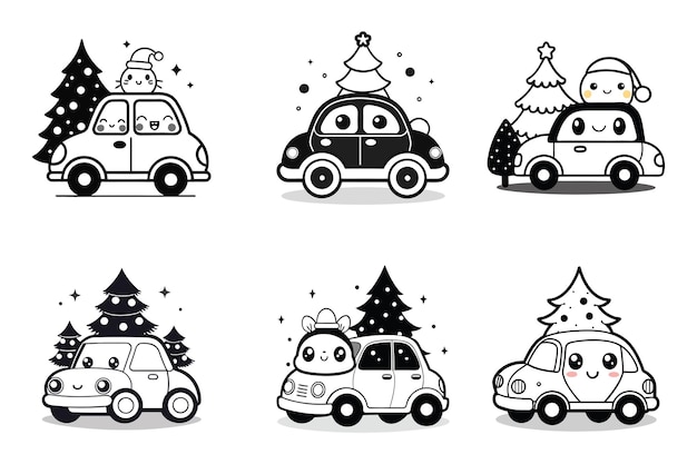 Ilustración vectorial de coche de Navidad Regalos de imagen alegre árbol de Navidad