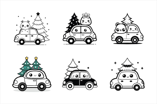 Ilustración vectorial de coche de Navidad Regalos de imagen alegre árbol de Navidad