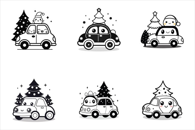 Ilustración vectorial de coche de Navidad Regalos de imagen alegre árbol de Navidad
