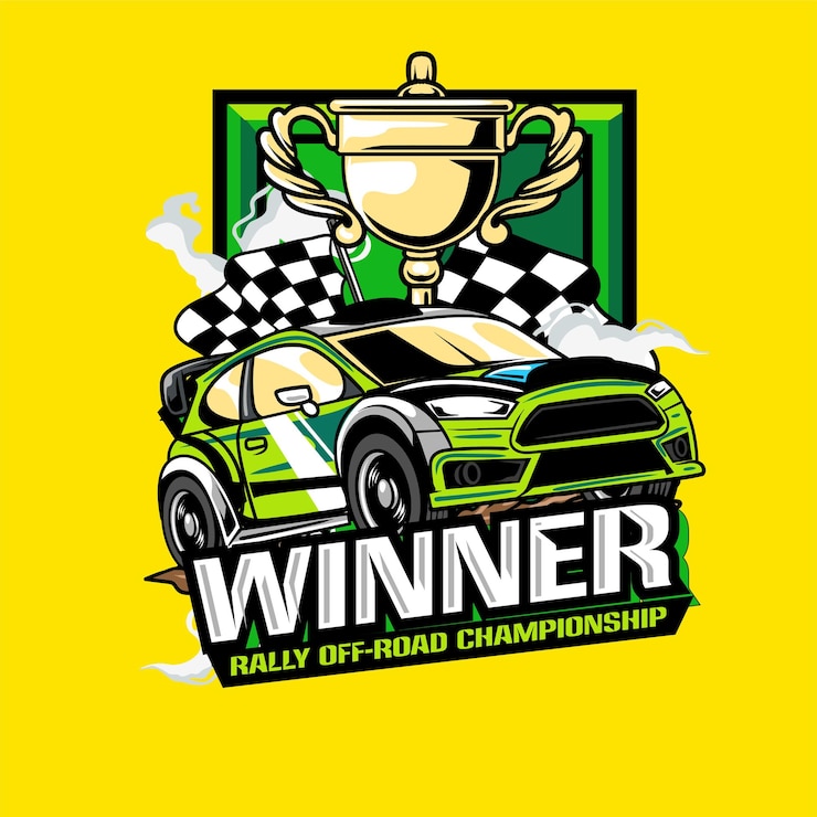 Vector ilustración vectorial de un coche de rally con banderas de carreras y trofeos en una ilustración vintage