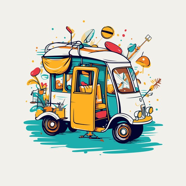 Vector ilustración vectorial de un coche retro con un tuktuk