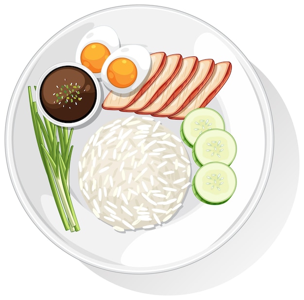 Ilustración vectorial de la cocina asiática con arroz y huevos