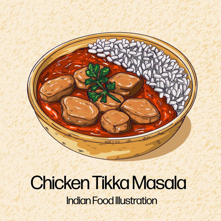 Vector ilustración vectorial de cocina india dibujada a mano pollo tikka masala
