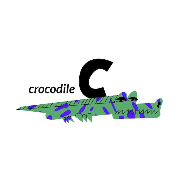 Ilustración vectorial con cocodrilo y letra mayúscula inglesa C alfabeto infantil para el aprendizaje de idiomas