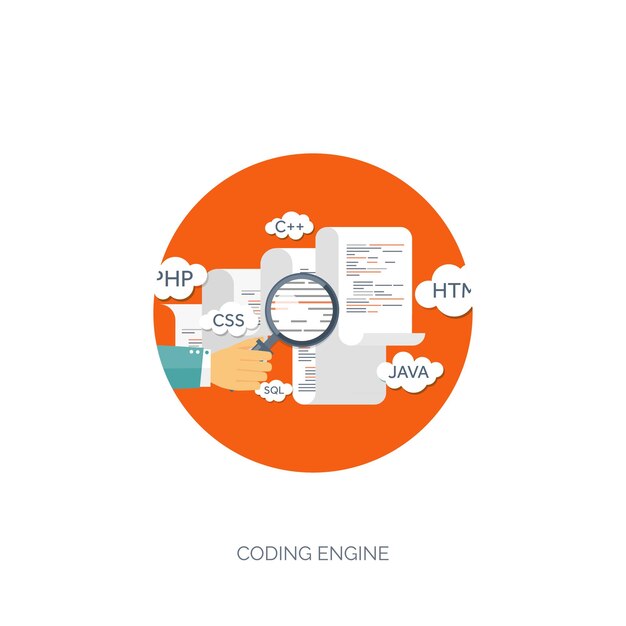 Ilustración vectorial codificación de fondo plano programación seo aplicación de optimización de motores de búsqueda