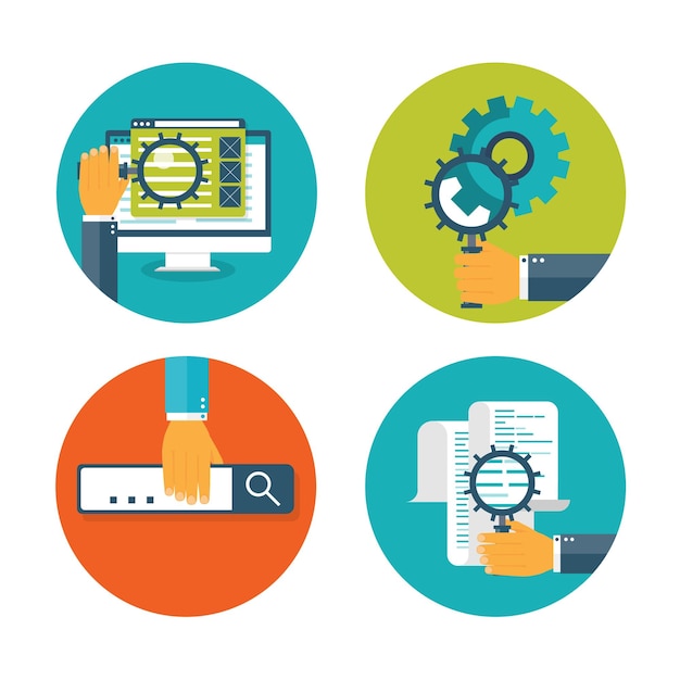 Ilustración vectorial codificación de fondo plano programación seo aplicación de optimización de motores de búsqueda