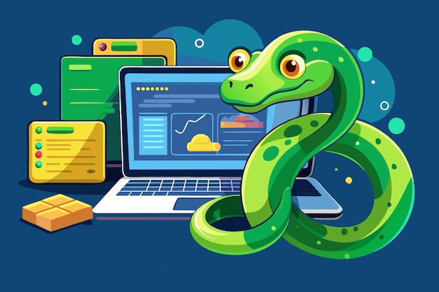 Ilustración vectorial de la codificación de python verde lindo en el portátil
