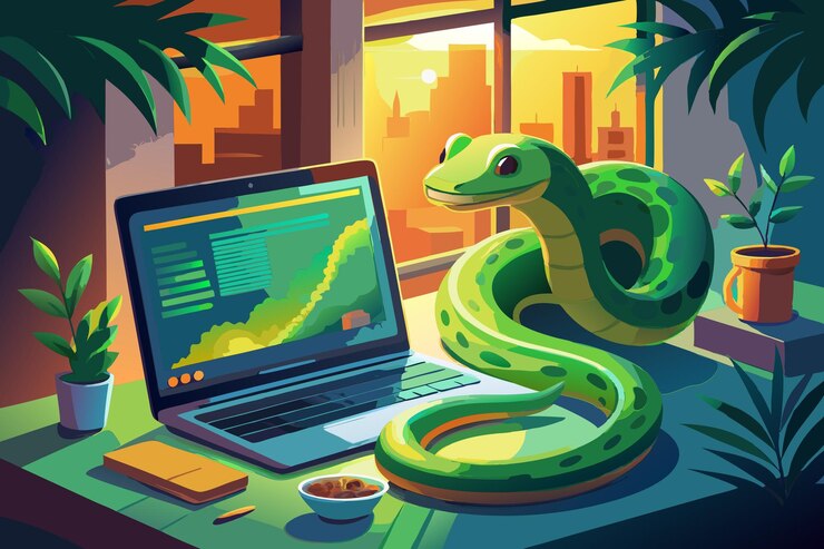 Vector ilustración vectorial de la codificación de python verde lindo en el portátil