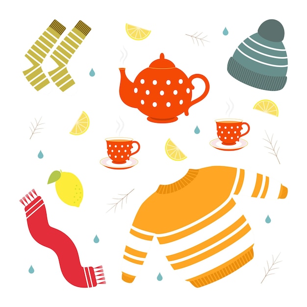 Ilustración vectorial Coldection de iconos de otoño Ropa té caliente con limón