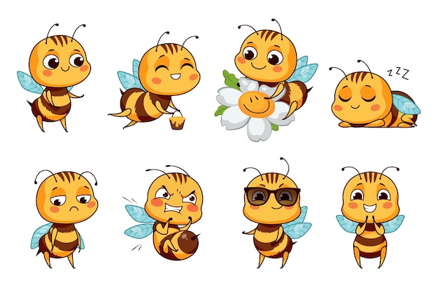 Vector ilustración vectorial de la colección de abejas melíferas en estilo de dibujos animados