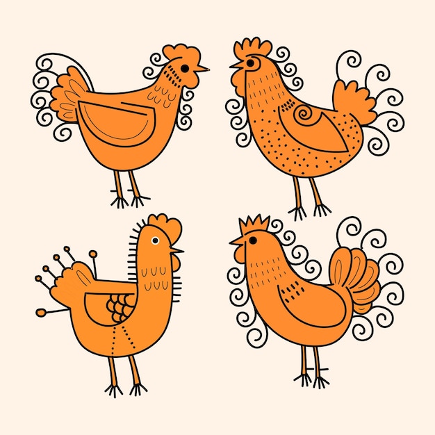 Ilustración vectorial de colección de animales de la granja de aves de corral dibujada a mano