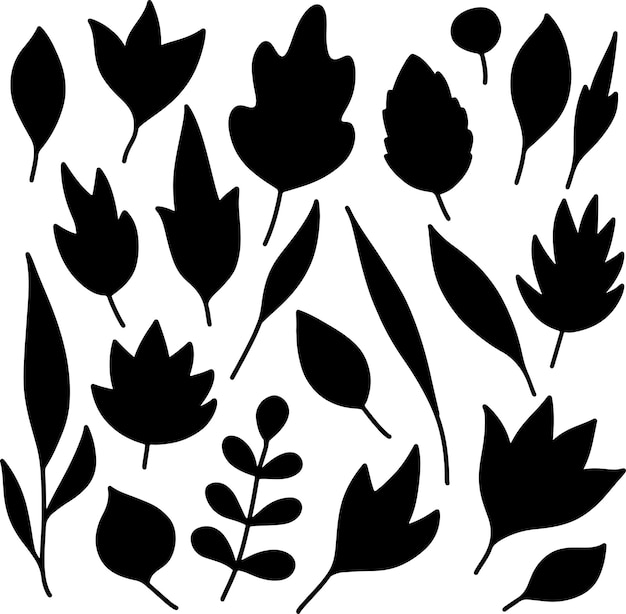 Ilustración vectorial de la colección de conjuntos de siluetas de hojas de flores blancas y negras de ramas de arbustos de clip art