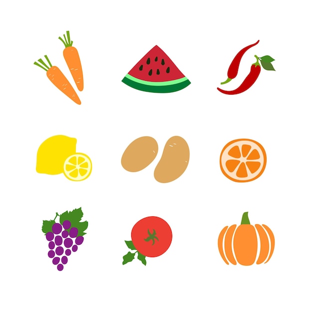 Ilustración vectorial de colección de conjuntos vectoriales de frutas y verduras