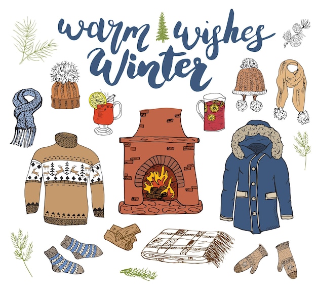 Ilustración vectorial de la colección de elementos de doodle del conjunto de la temporada de invierno