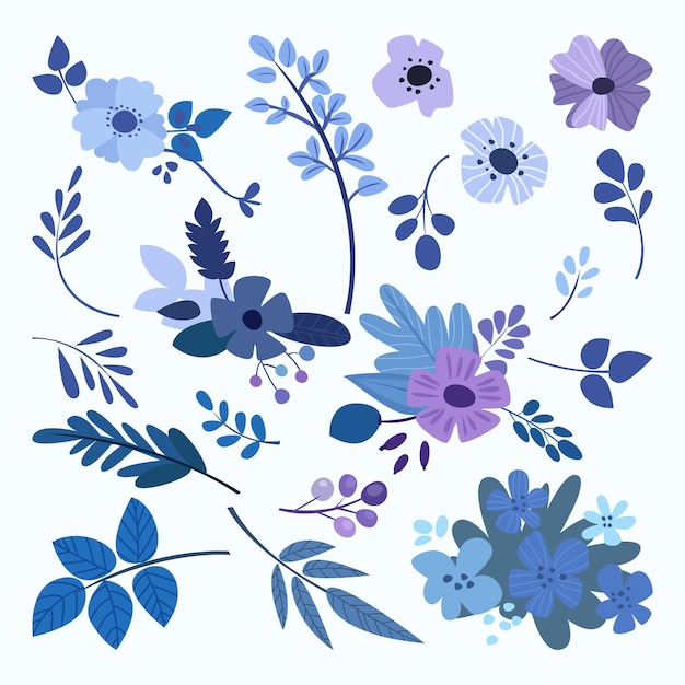 Vector ilustración vectorial de la colección de hojas y flores en estilo de dibujos animados