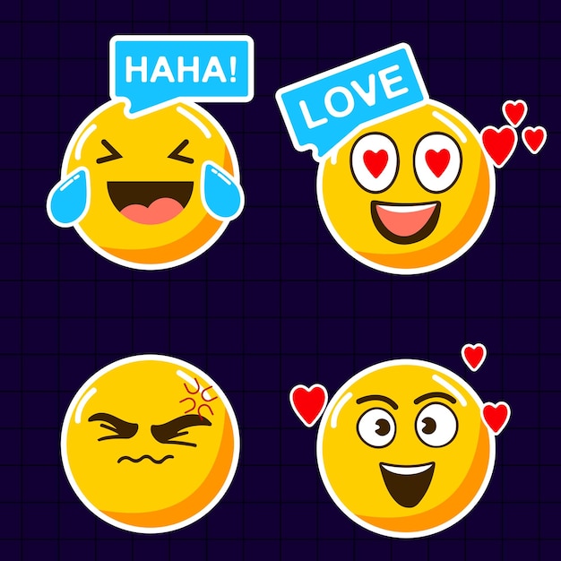Ilustración vectorial de una colección de iconos de emoticones con varias expresiones faciales que consisten en e