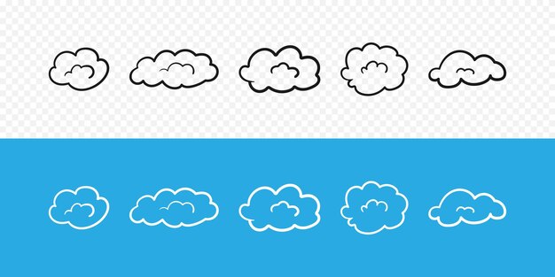 Ilustración vectorial de la colección de nubes iconos de líneas finas en colores blanco y negro sobre fondos transparentes y azules ilustración vectorial eps 10