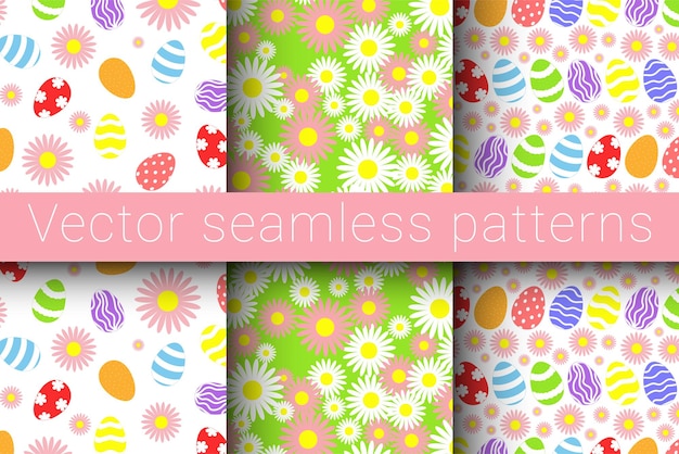 Ilustración vectorial Colección de patrones sin fisuras vectoriales para el feliz día de Pascua Huevos de Pascua y motivos florales