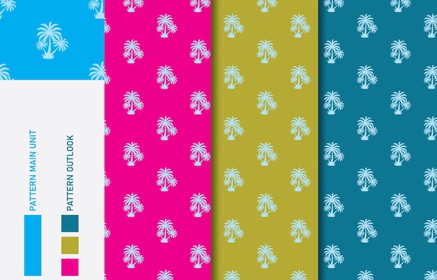 Ilustración vectorial de la colección de patrones de tela textil sin costuras de colores de la palmera
