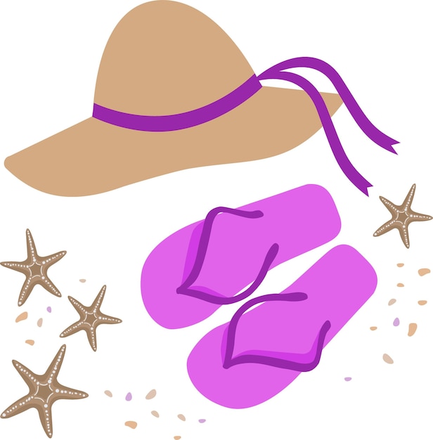 Ilustración vectorial de una colección de playa de verano. Chanclas, un sombrero y una estrella de mar. lindas vacaciones