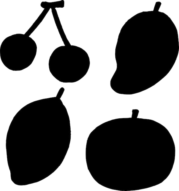 Ilustración vectorial de colección de siluetas de plantas en blanco y negro, flores y clip art de frutas