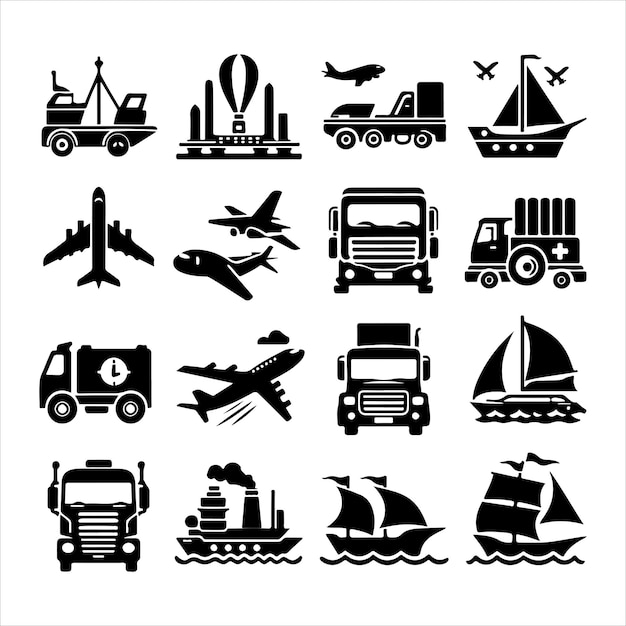 Ilustración vectorial de la colección de siluetas de transporte mínimas en fondo blanco