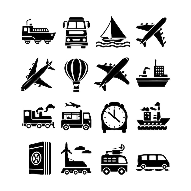 Ilustración vectorial de la colección de siluetas de transporte mínimas en fondo blanco
