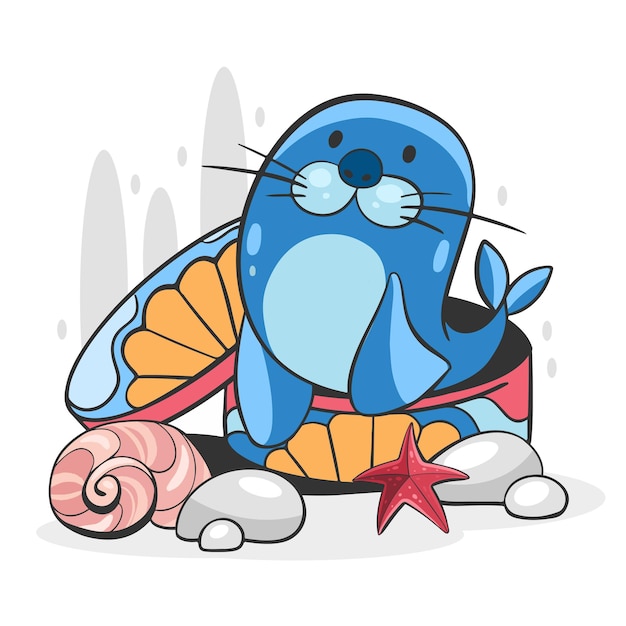 Ilustración vectorial de un collage sobre el tema marino de conchas, guijarros marinos y un sello en una caricatura