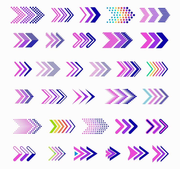 Vector ilustración vectorial de color del arco iris con flecha punto de colección de símbolos de flecha a la derecha