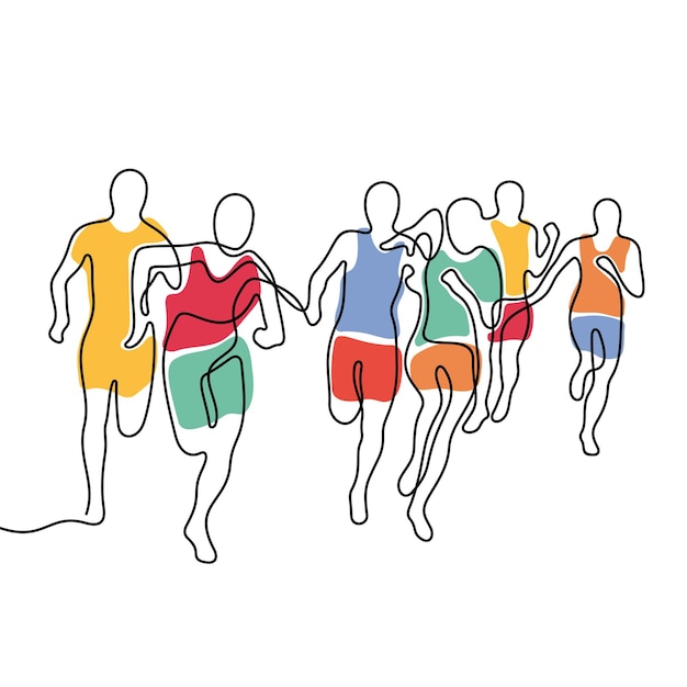 Ilustración vectorial en color de atletas que corren en línea continua