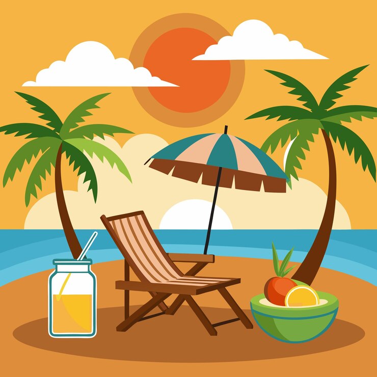 Ilustración vectorial en color de la escena de la puesta de sol en una playa tropical