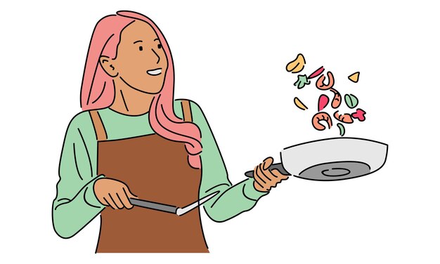 Ilustración vectorial del color de la mujer cocinando alimentos