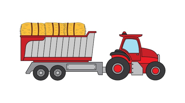 Ilustración vectorial color niños agricultor tractor y bañera de basura con imágenes prediseñadas de heno